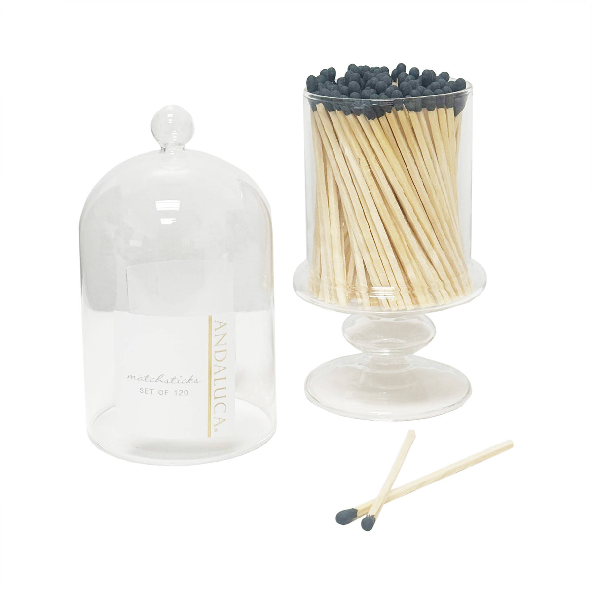 Tall Glass Match Jar with Lid & 120 Wooden Black Matches