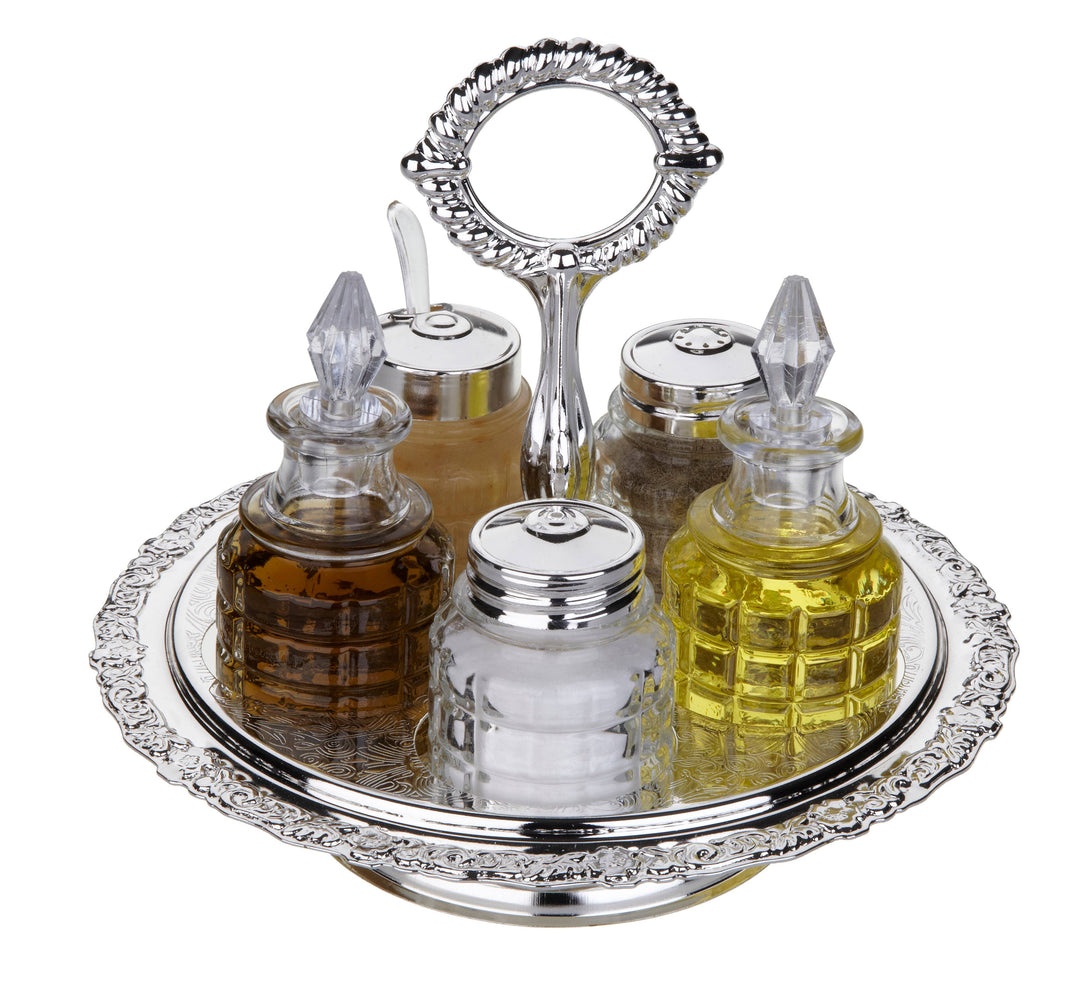 Queen Anne Silver Plated 5-Piece Revolving Cruet Set