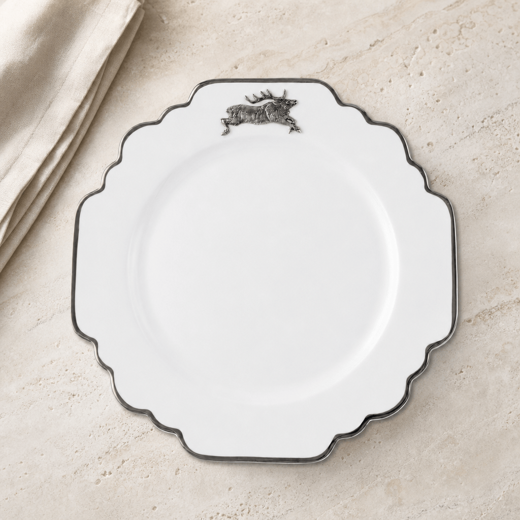 Running Elk Bone China Scallop Dinner Plate Platinum Rim