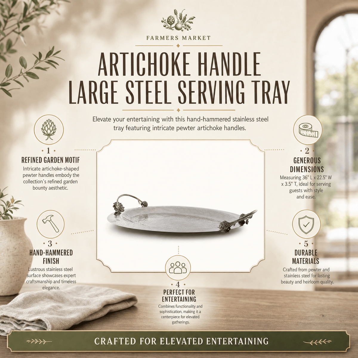 Artichoke Handle Large Steel Serving Tray