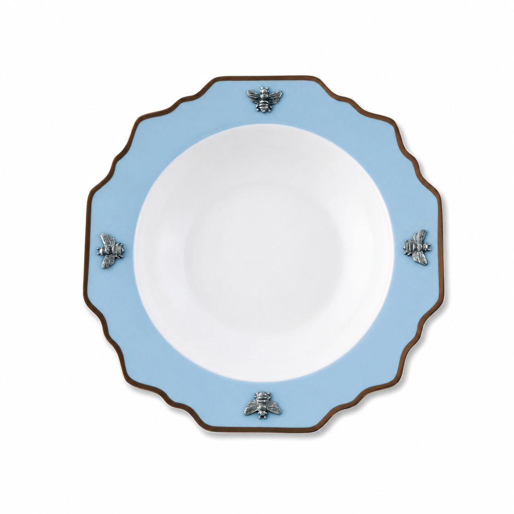 Bee Bone China Soup Plate Blue with Gold Rim