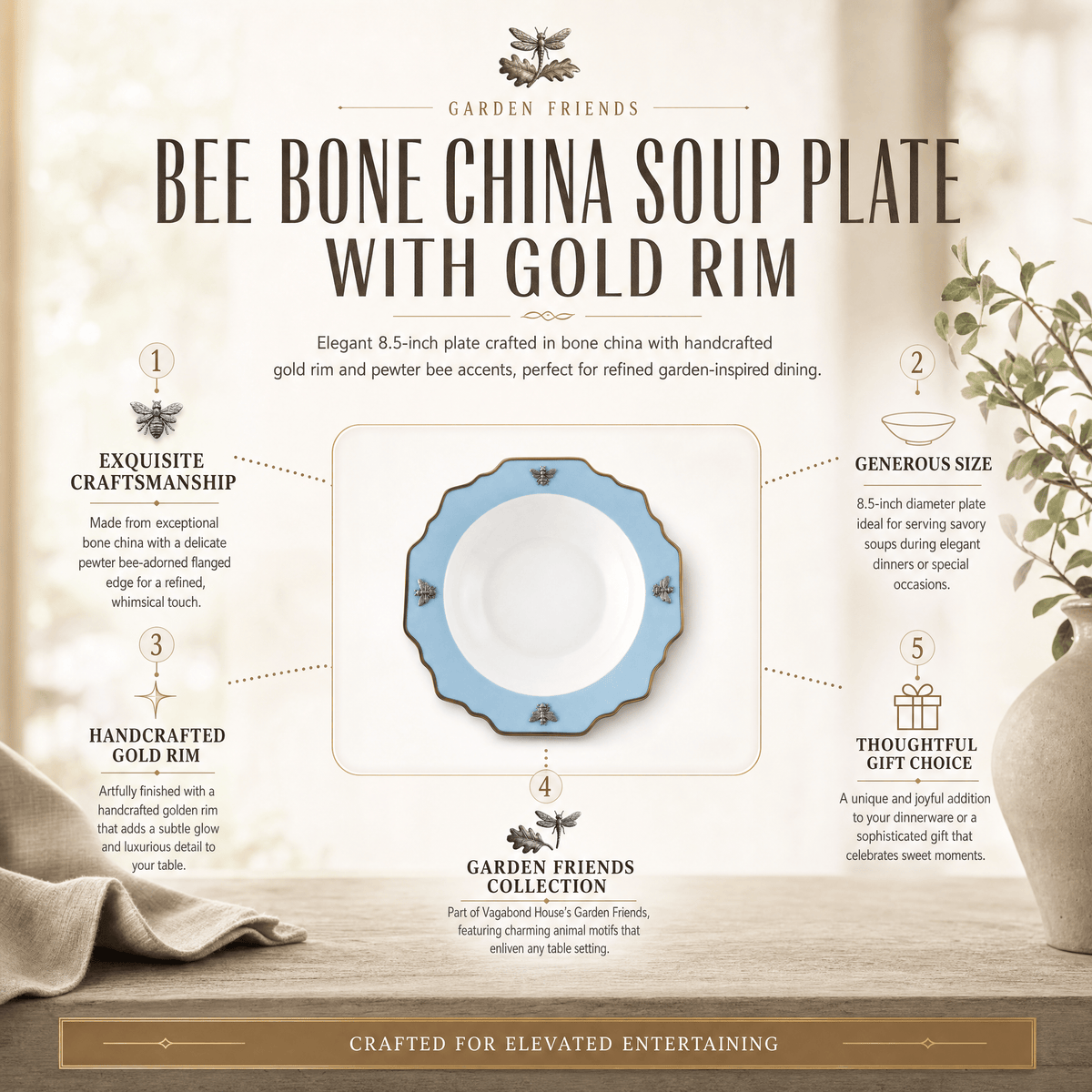 Bee Bone China Soup Plate Blue with Gold Rim