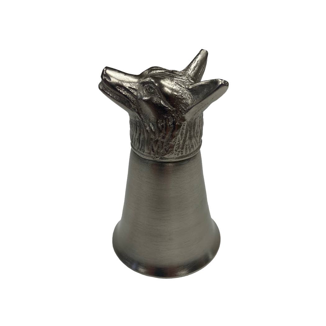 Pewter-Plated Fox Head Stirrup Cup, Jigger, Shot Glass