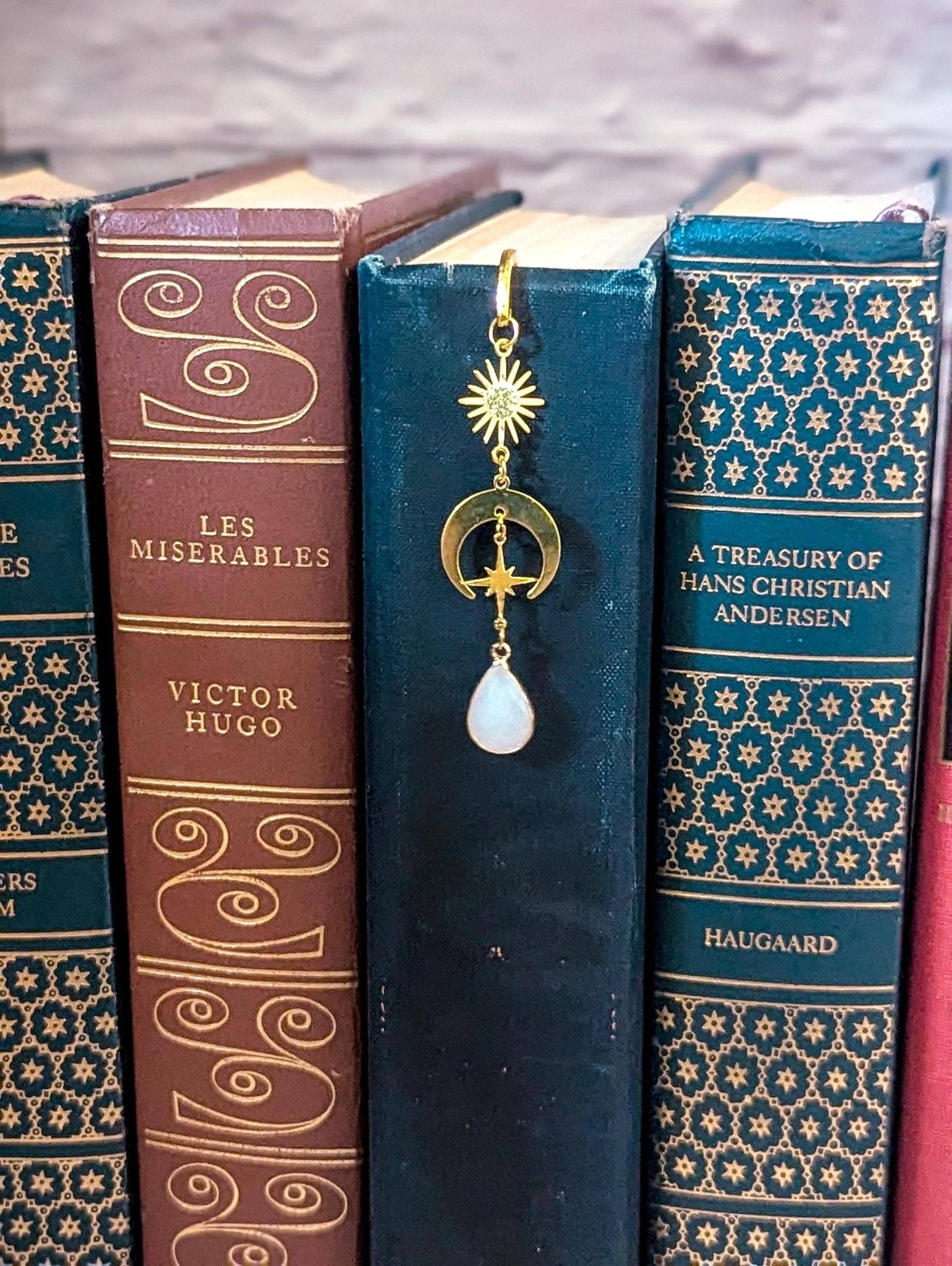 Celestial Gold Hook Bookmark with Moon, Stars & Opal Gem - Maison and Mer