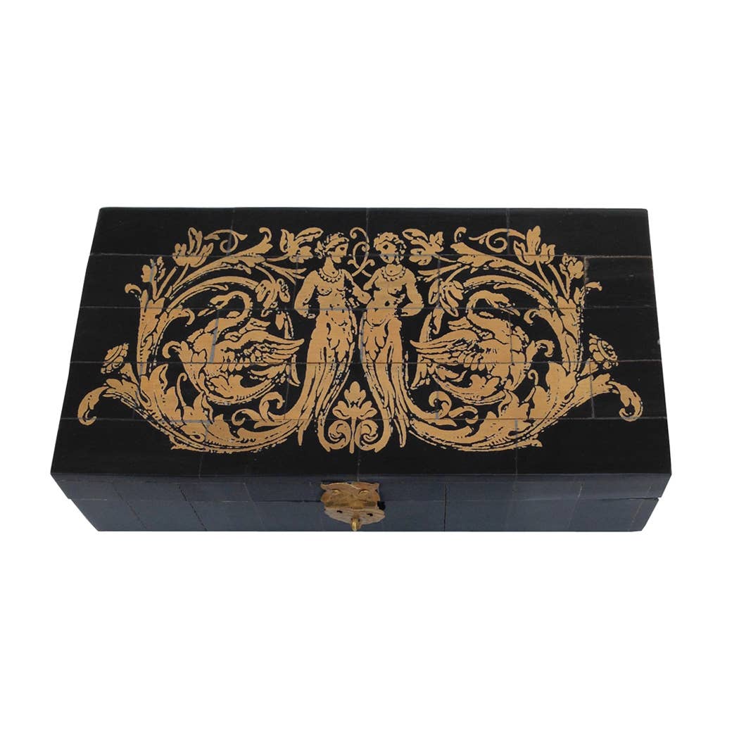 Mermaids & Swans Scrimshaw Horn Storage Box | Tabletop Decor
