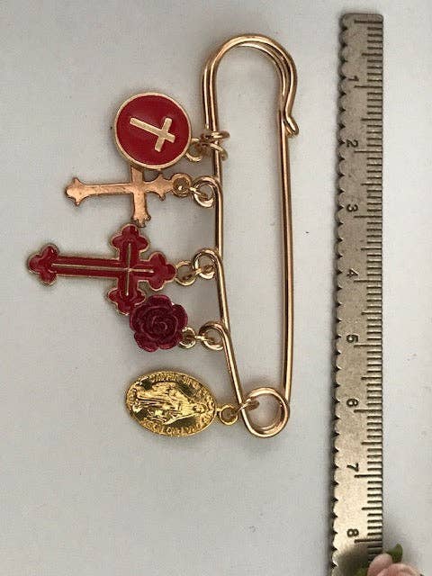 Ex-Voto Religious Brooch – Red Cross and Medal Charms