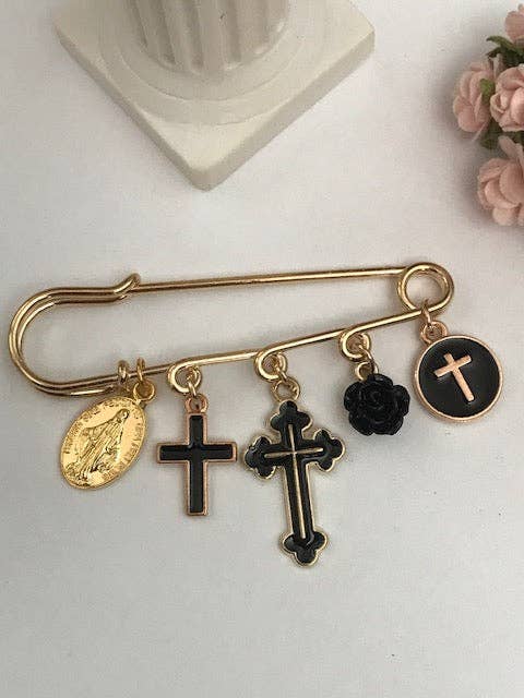 Ex-Voto Religious Brooch – Black Cross and Medal Charms