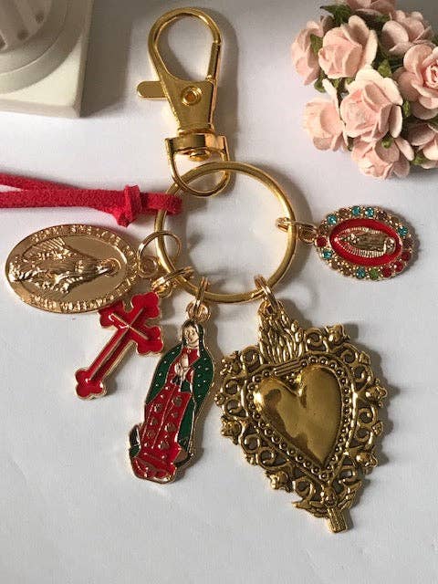 Llavero Virgen María con Sagrado Corazón y Cruz, regalo para Virgen Madre, dije Virgen con Medalla Milagrosa, llavero exvoto