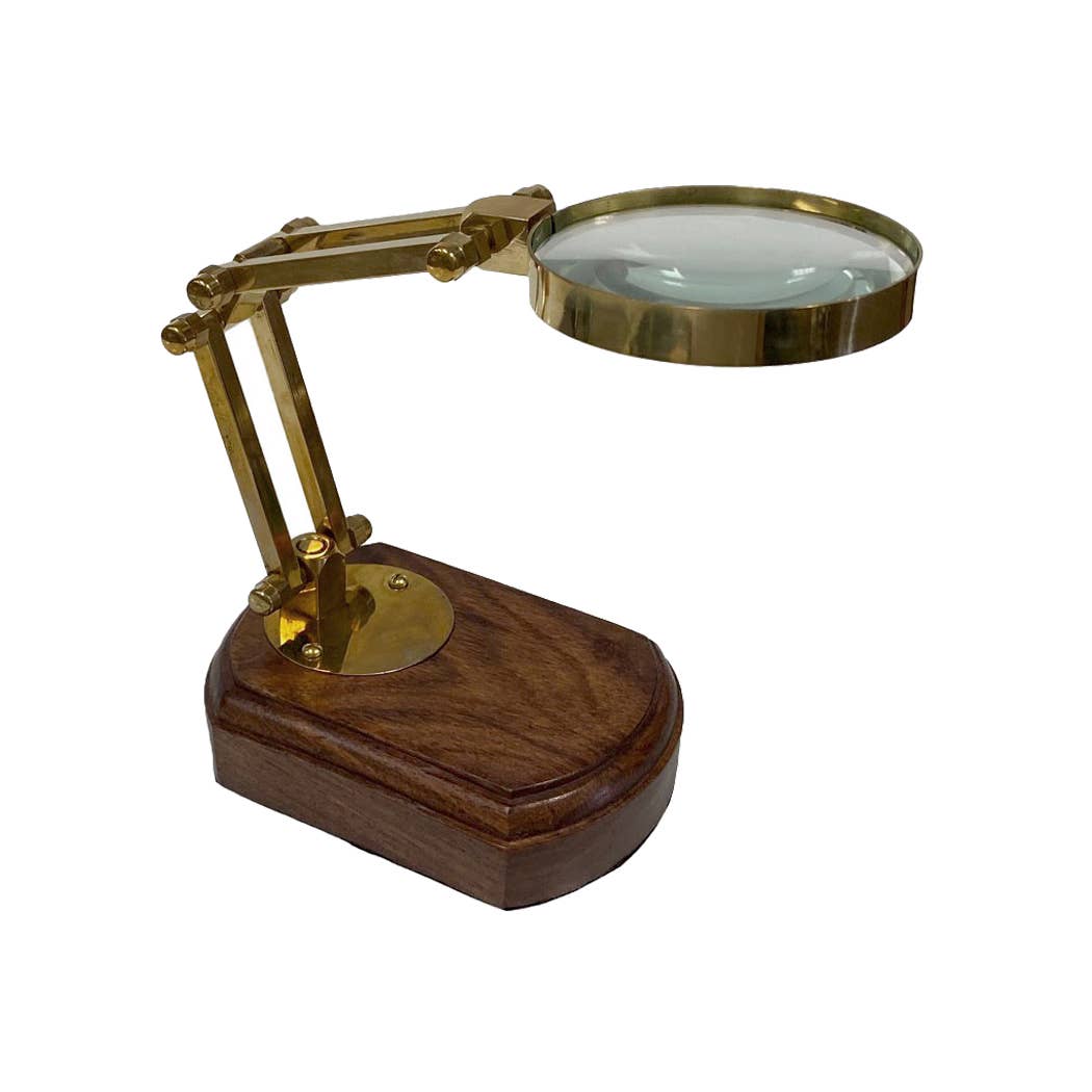 3" Antiqued Brass Desk - Top Magnifier on Solid Wood Base - Maison and Mer