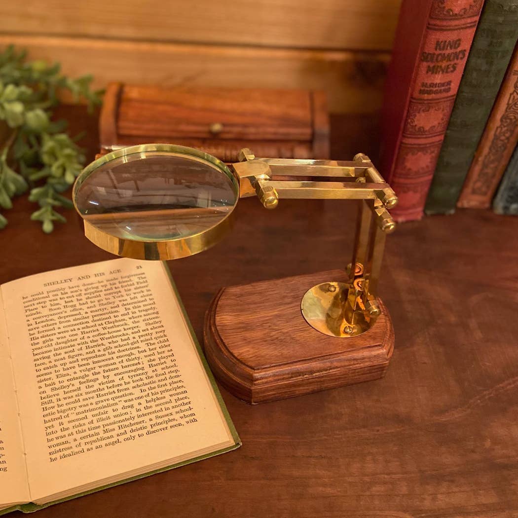 3" Antiqued Brass Desk - Top Magnifier on Solid Wood Base - Maison and Mer