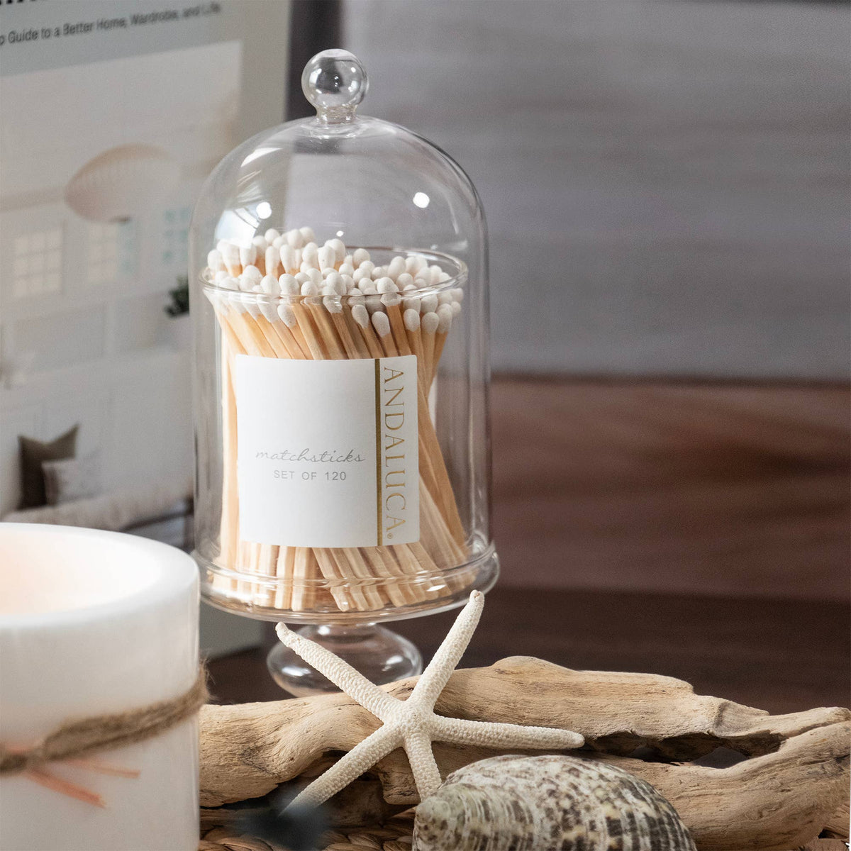 Tall Glass Match Jar with Lid & 120 Wooden White Matches