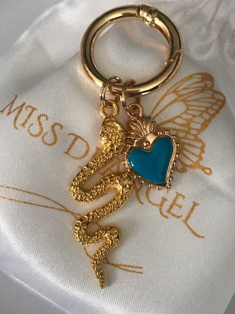 Dijes de serpiente dorada, dijes de bolso de corazón y serpiente, regalo para mujeres, dijes de corazón sagrado, colgantes de corazón azul y serpiente,