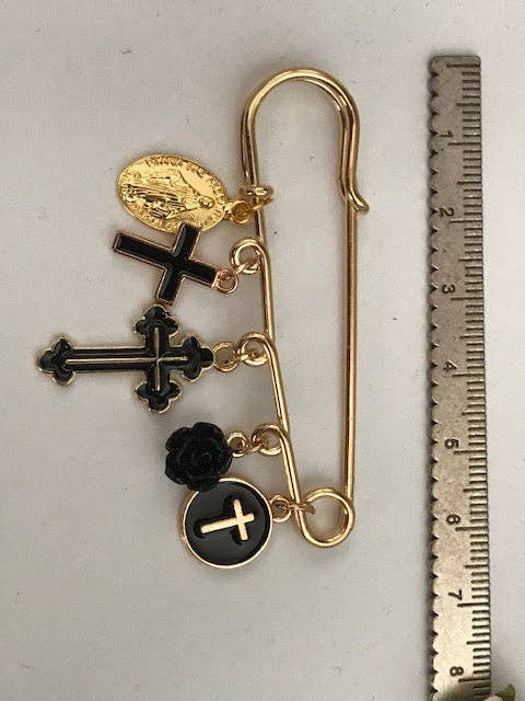 Ex-Voto Religious Brooch – Black Cross and Medal Charms
