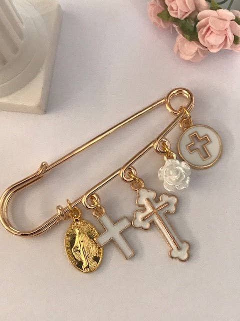 Broche de exvoto, broche de cruz y medalla religiosa, broche de cruz rosa, regalo de cruz para mamá, regalo de cruz de ceremonia blanca, cruz kawaii