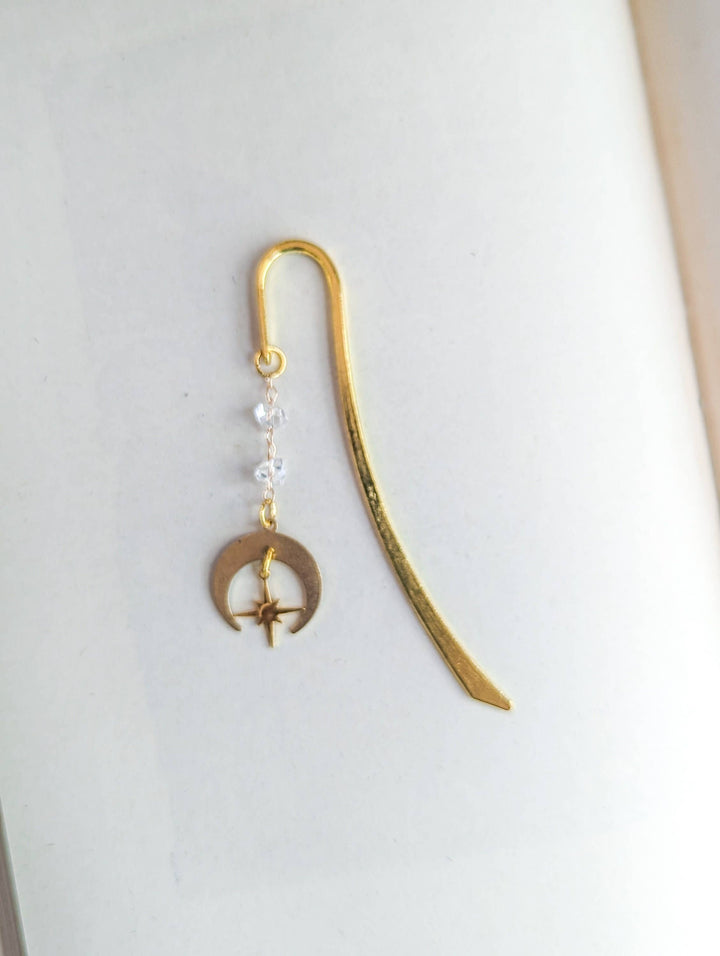 Crescent Moon and North Star Gold Metal Hook Bookmark