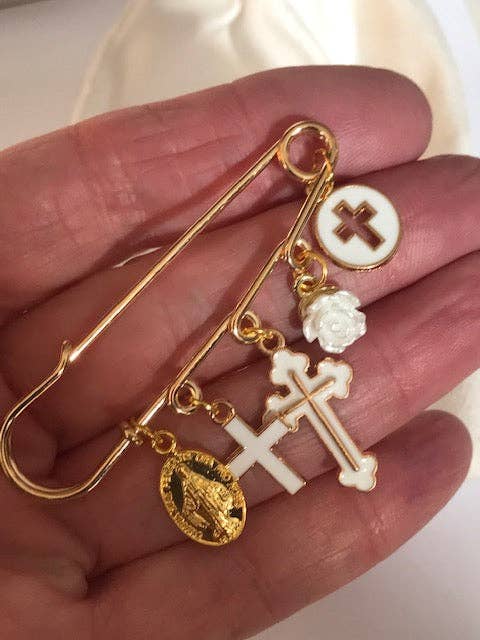 Broche de exvoto, broche de cruz y medalla religiosa, broche de cruz rosa, regalo de cruz para mamá, regalo de cruz de ceremonia blanca, cruz kawaii