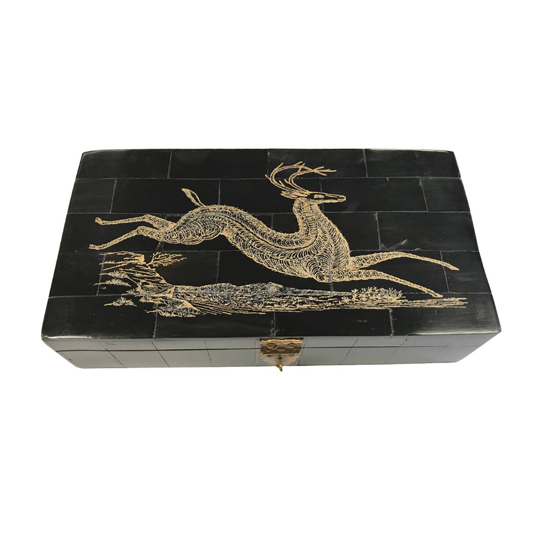 Deer Running Engraved Genuine Horn Box | Storage boxes