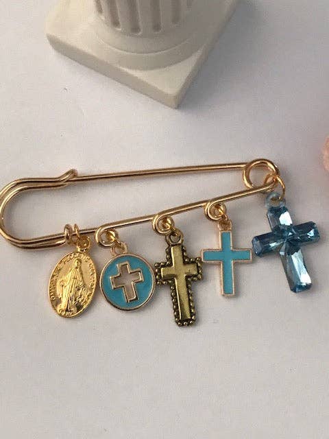 Ex-Voto Religious Brooch – Blue Cross and Medal Charms