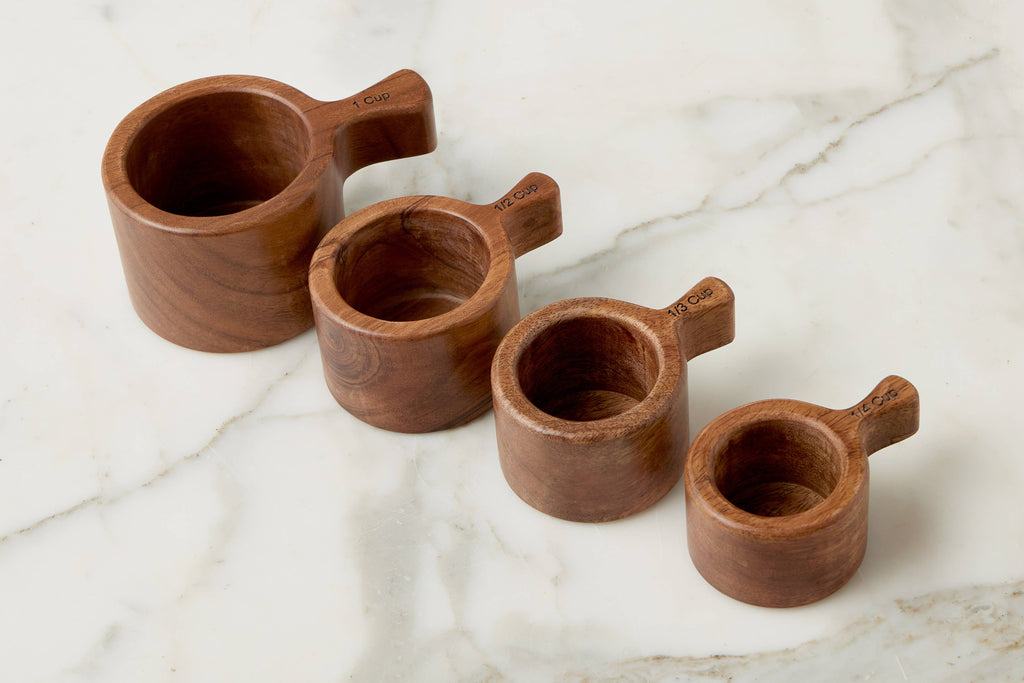 Wood Measuring Cups, Vintage Merlot Red Stripe Bag, Set of 4