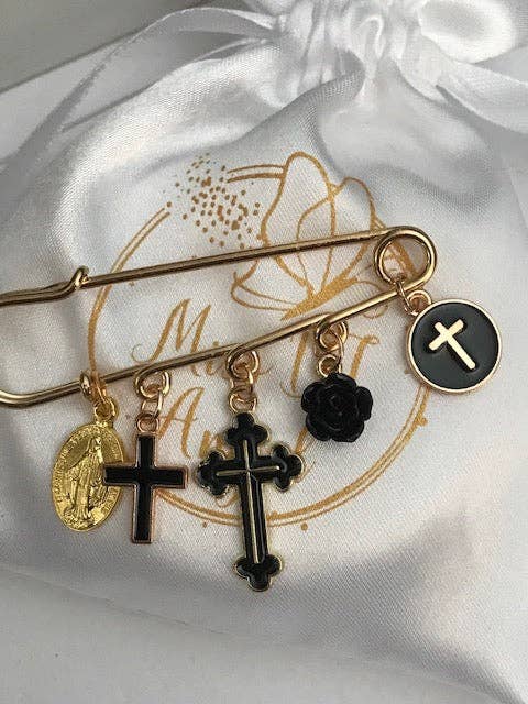 Ex-Voto Religious Brooch – Black Cross and Medal Charms