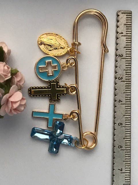 Ex-Voto Religious Brooch – Blue Cross and Medal Charms