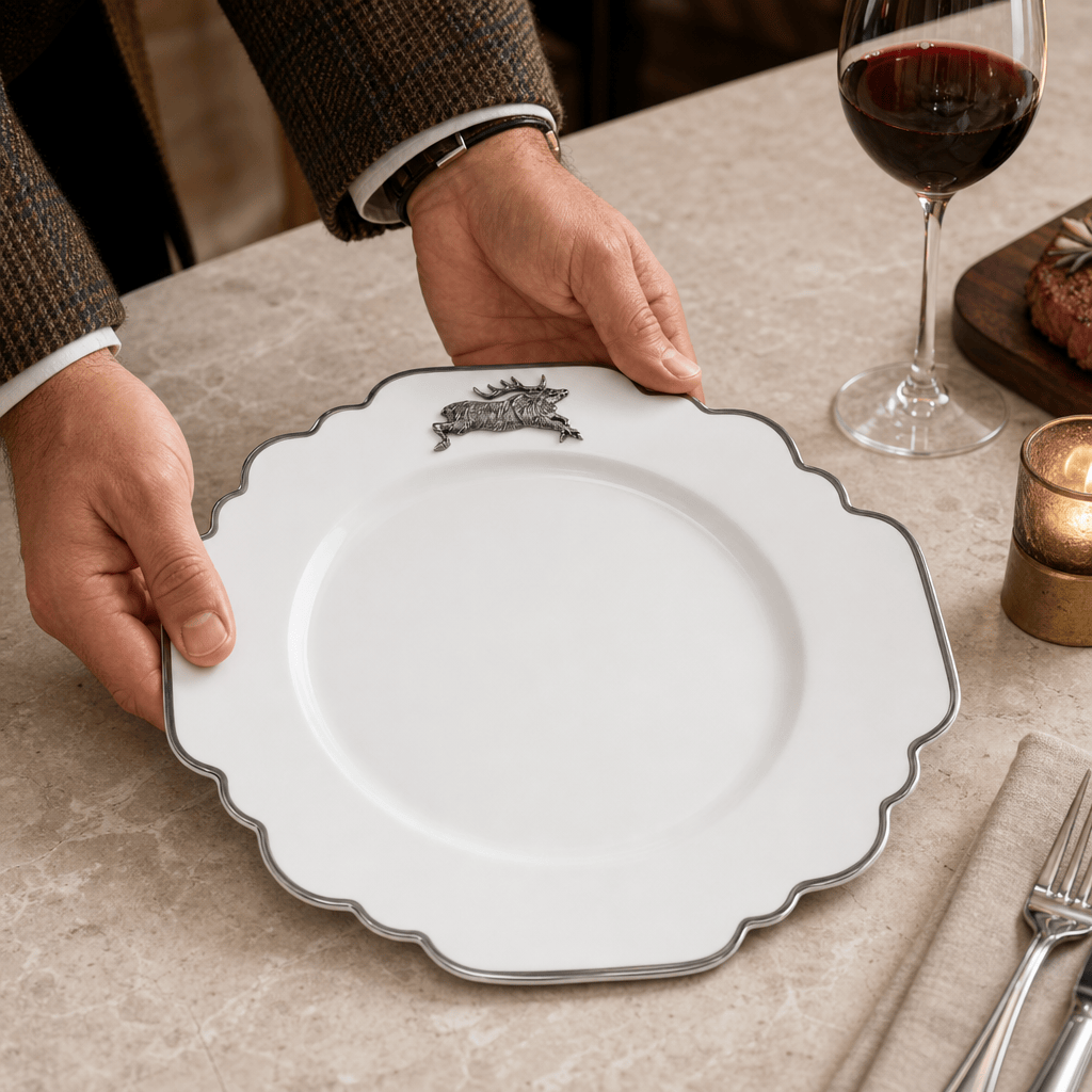 Running Elk Bone China Scallop Dinner Plate Platinum Rim