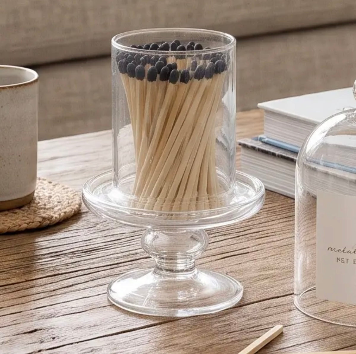 Tall Glass Match Jar with Lid & 120 Wooden Black Matches