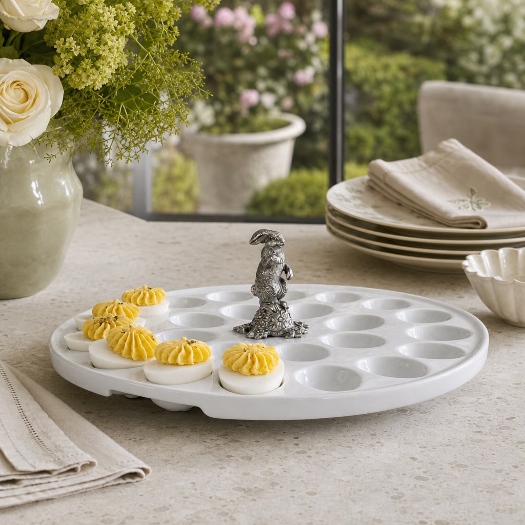 Deviled Egg Tray with Pewter Standing Rabbit