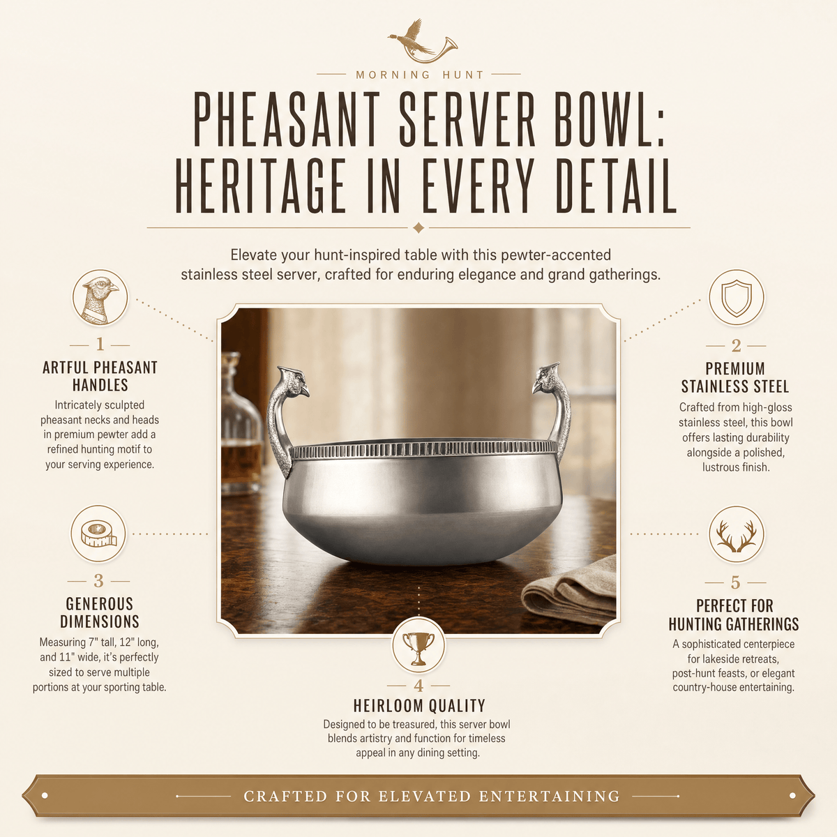 Pheasant Stainless Steel Server Bowl