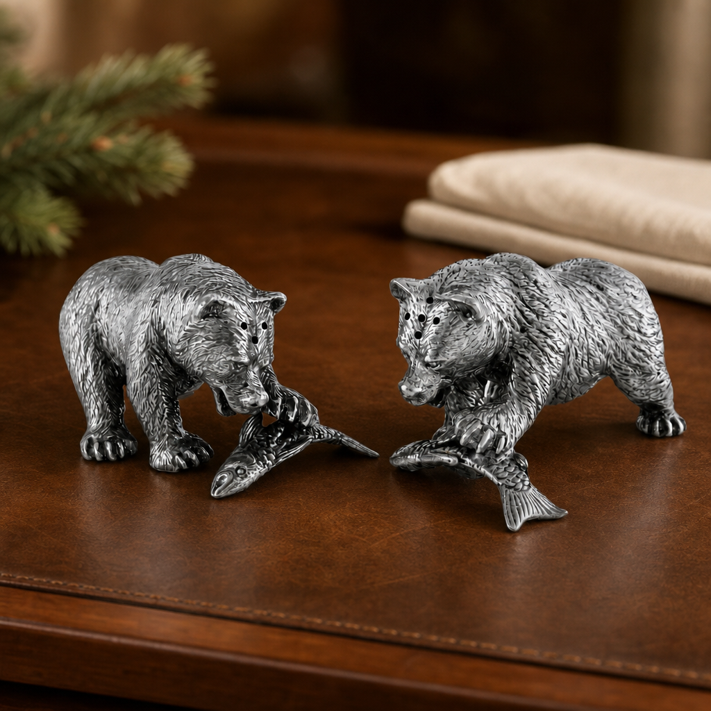 Pewter Fishing Bear Salt & Pepper Set