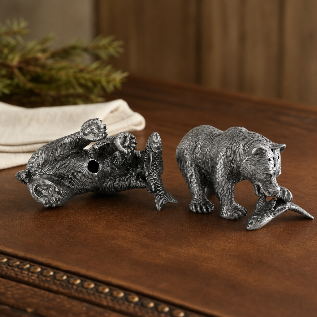 Pewter Fishing Bear Salt & Pepper Set
