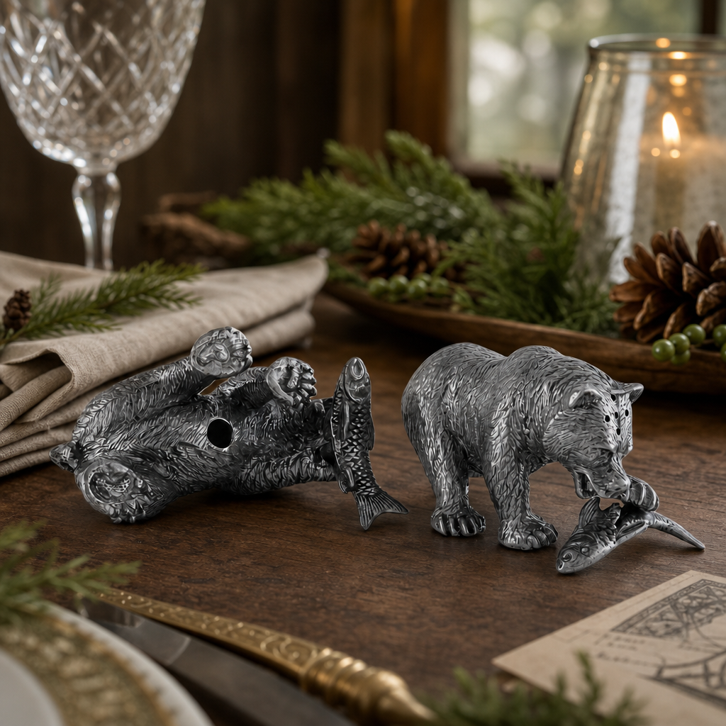 Pewter Fishing Bear Salt & Pepper Set