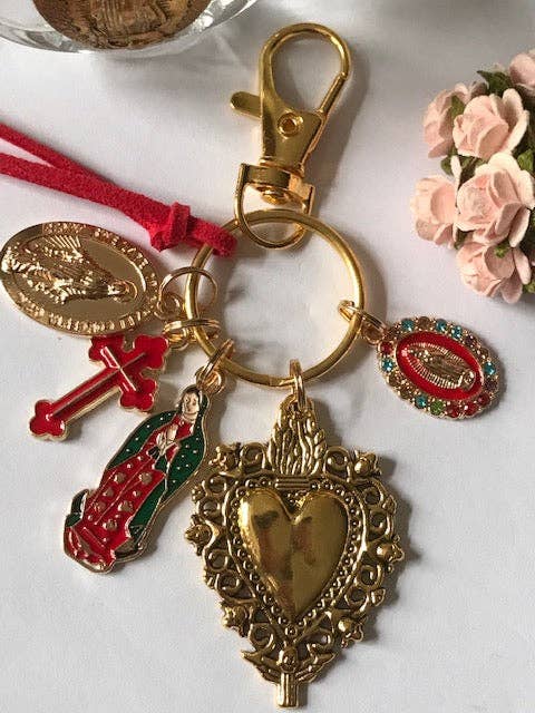 Llavero Virgen María con Sagrado Corazón y Cruz, regalo para Virgen Madre, dije Virgen con Medalla Milagrosa, llavero exvoto