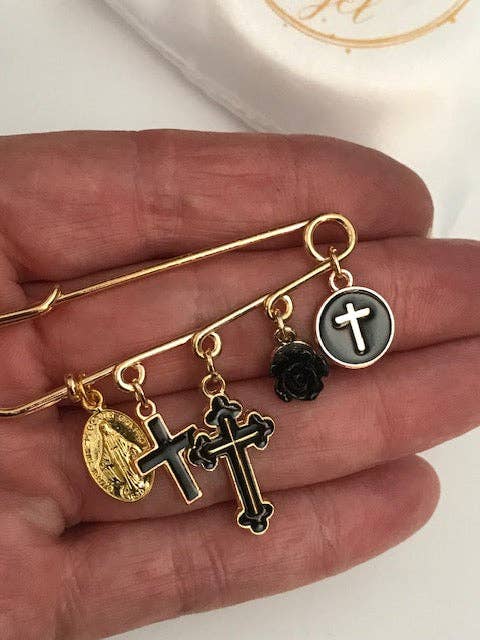Ex-Voto Religious Brooch – Black Cross and Medal Charms