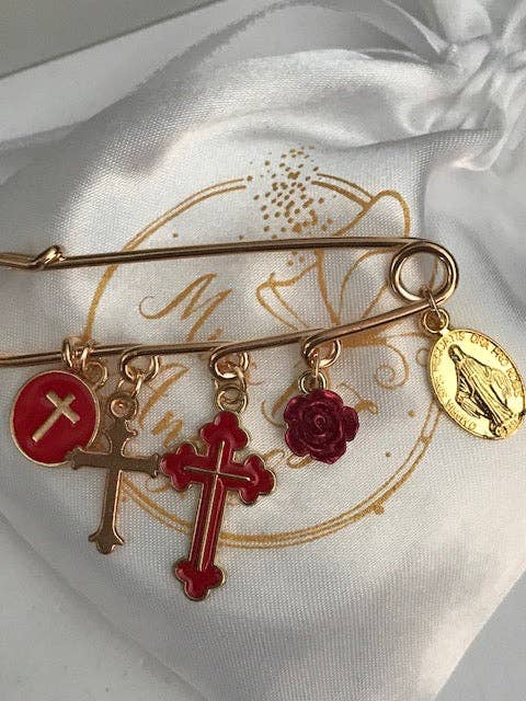 Ex-Voto Religious Brooch – Red Cross and Medal Charms