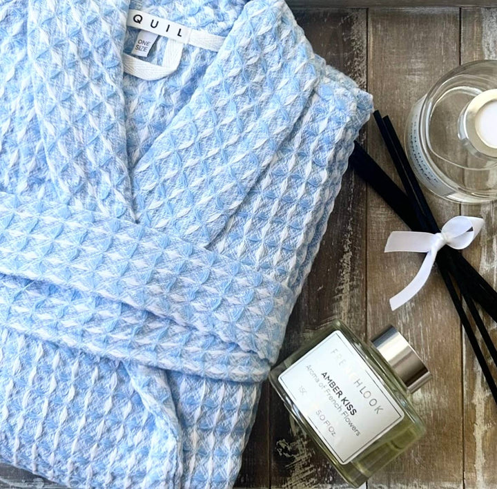 Blue Waffle Weave Robe – 100% Turkish Aegean Cotton - Maison and Mer