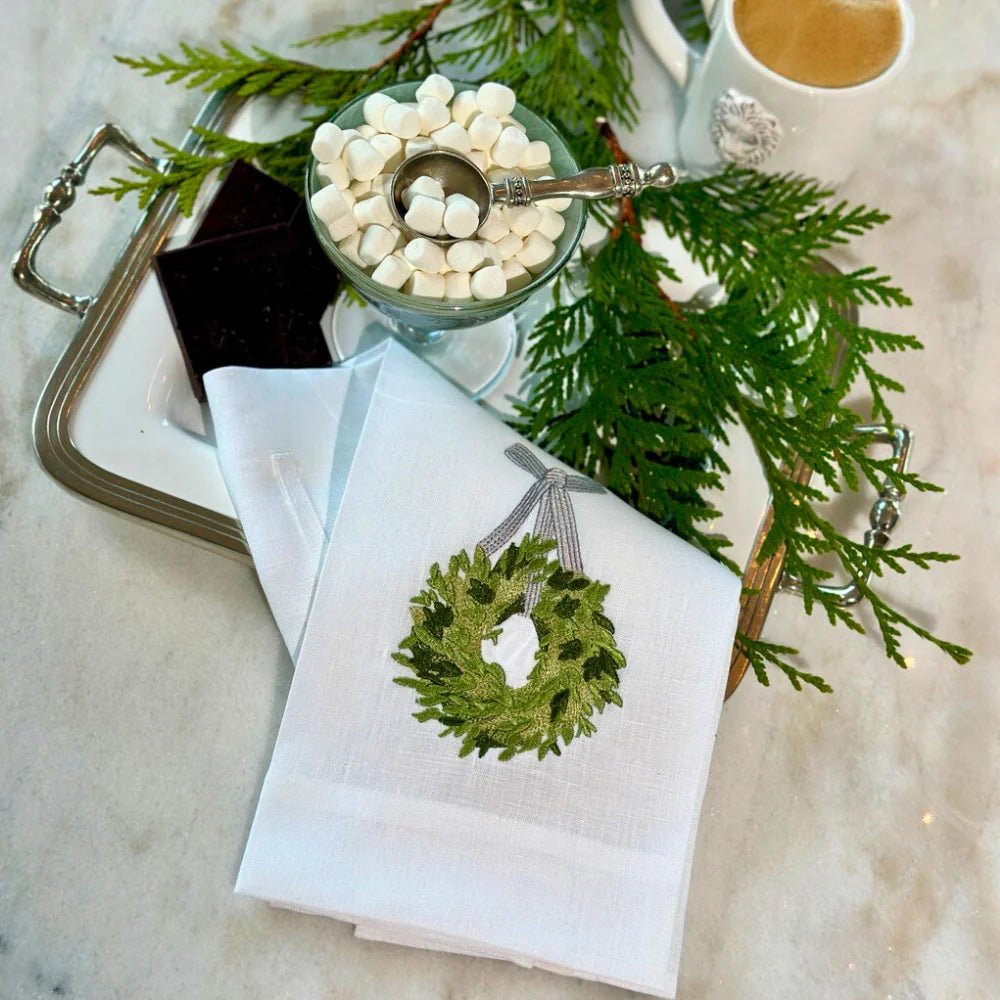 Boxwood Wreath Linen Towel - Maison and Mer