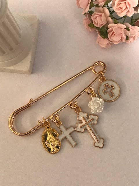 Broche de exvoto, broche de cruz y medalla religiosa, broche de cruz rosa, regalo de cruz para mamá, regalo de cruz de ceremonia blanca, cruz kawaii