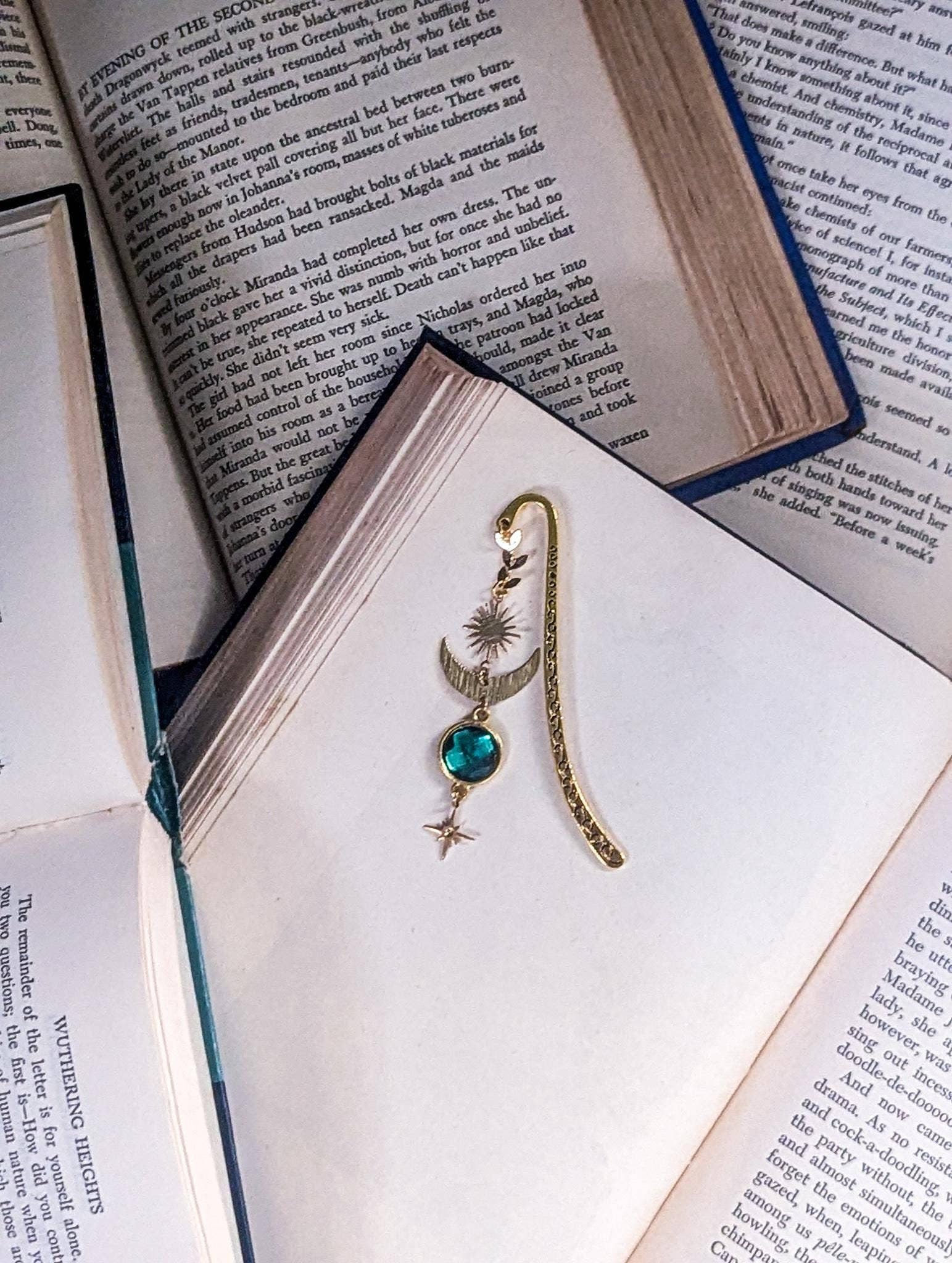 Celestial Gold Bookmark with Moon, Stars & Green Gem - Maison and Mer