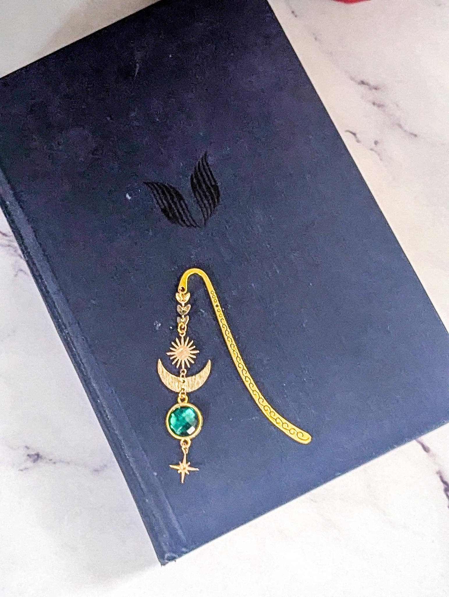 Celestial Gold Bookmark with Moon, Stars & Green Gem - Maison and Mer