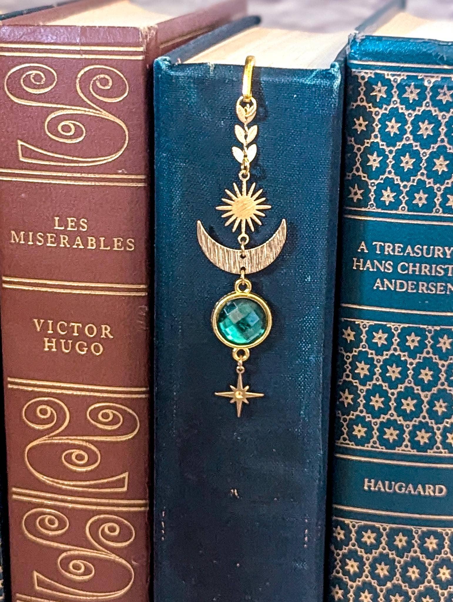 Celestial Gold Bookmark with Moon, Stars & Green Gem - Maison and Mer