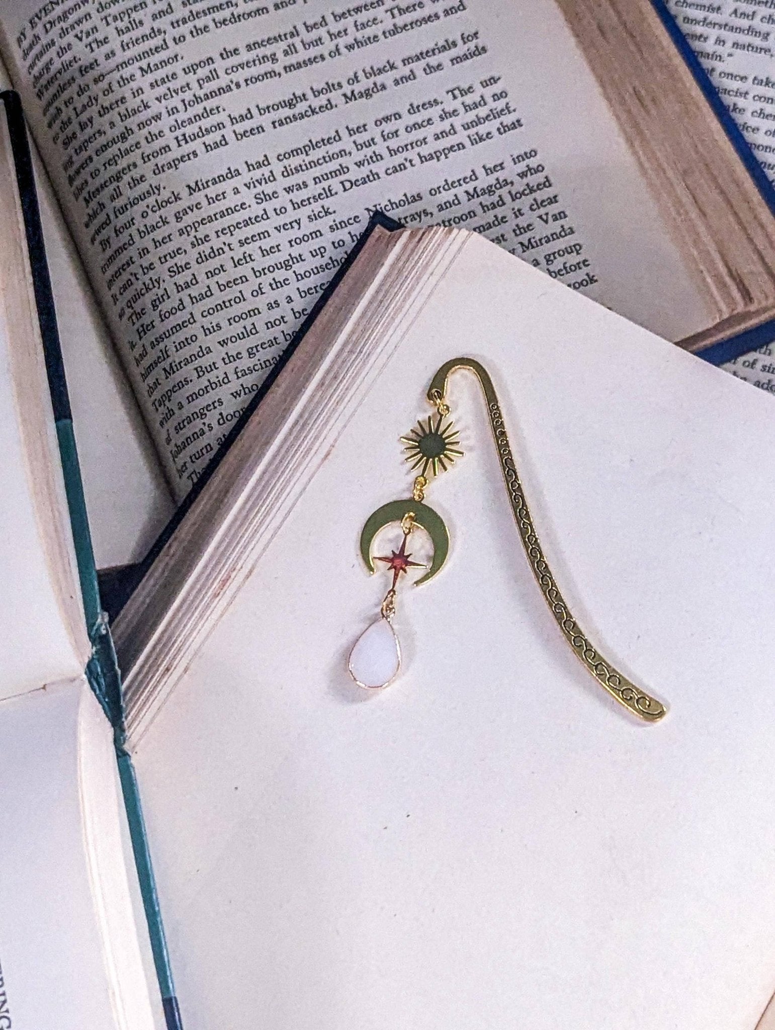 Celestial Gold Hook Bookmark with Moon, Stars & Opal Gem - Maison and Mer