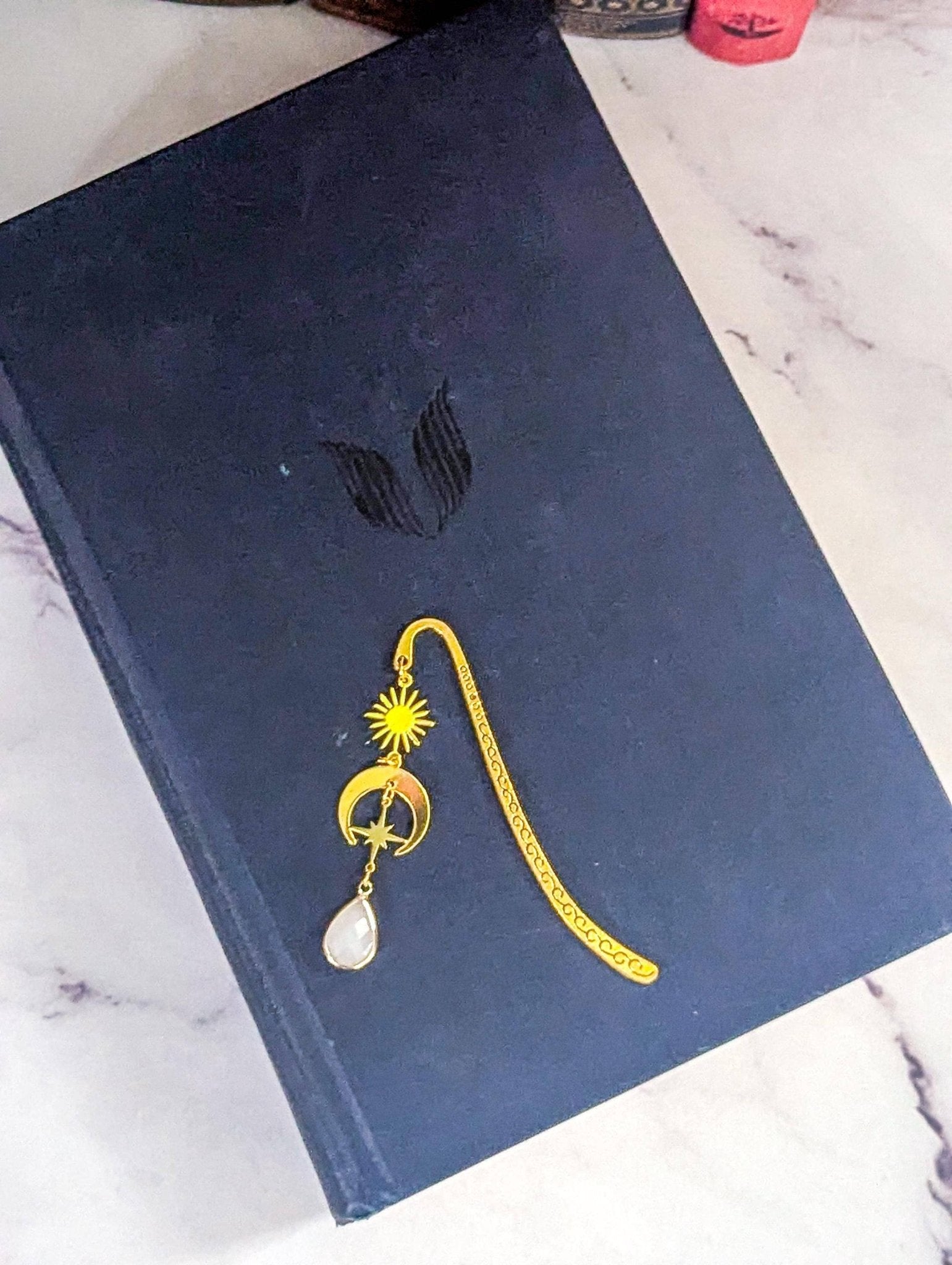 Celestial Gold Hook Bookmark with Moon, Stars & Opal Gem - Maison and Mer