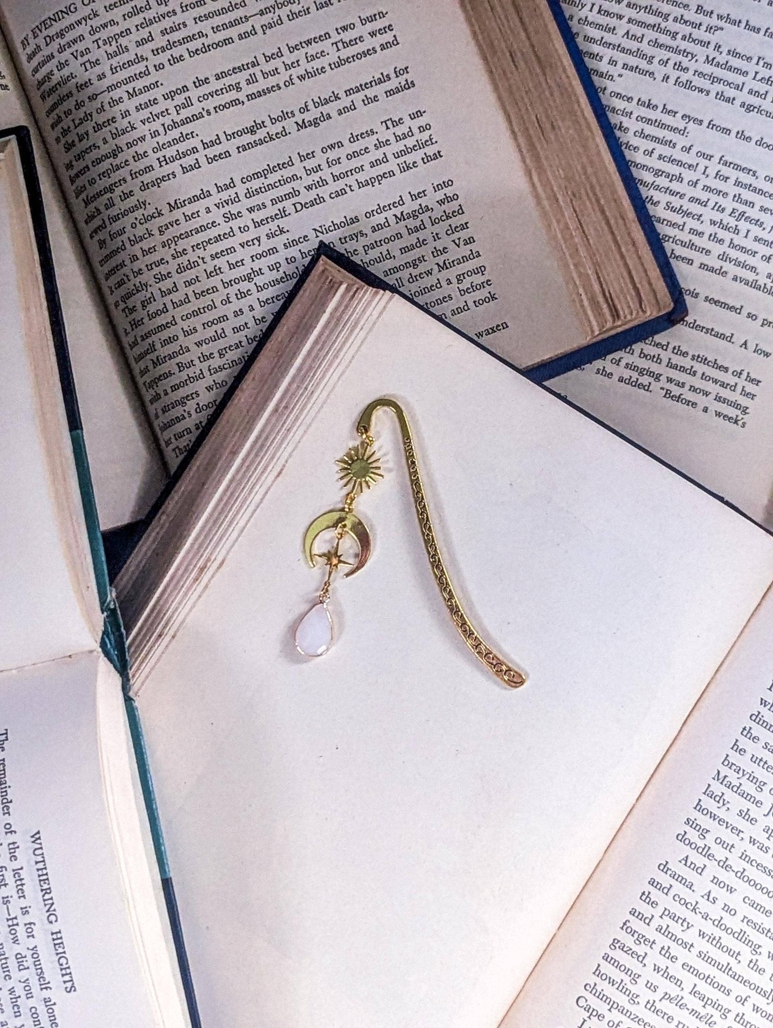 Celestial Gold Hook Bookmark with Moon, Stars & Opal Gem - Maison and Mer
