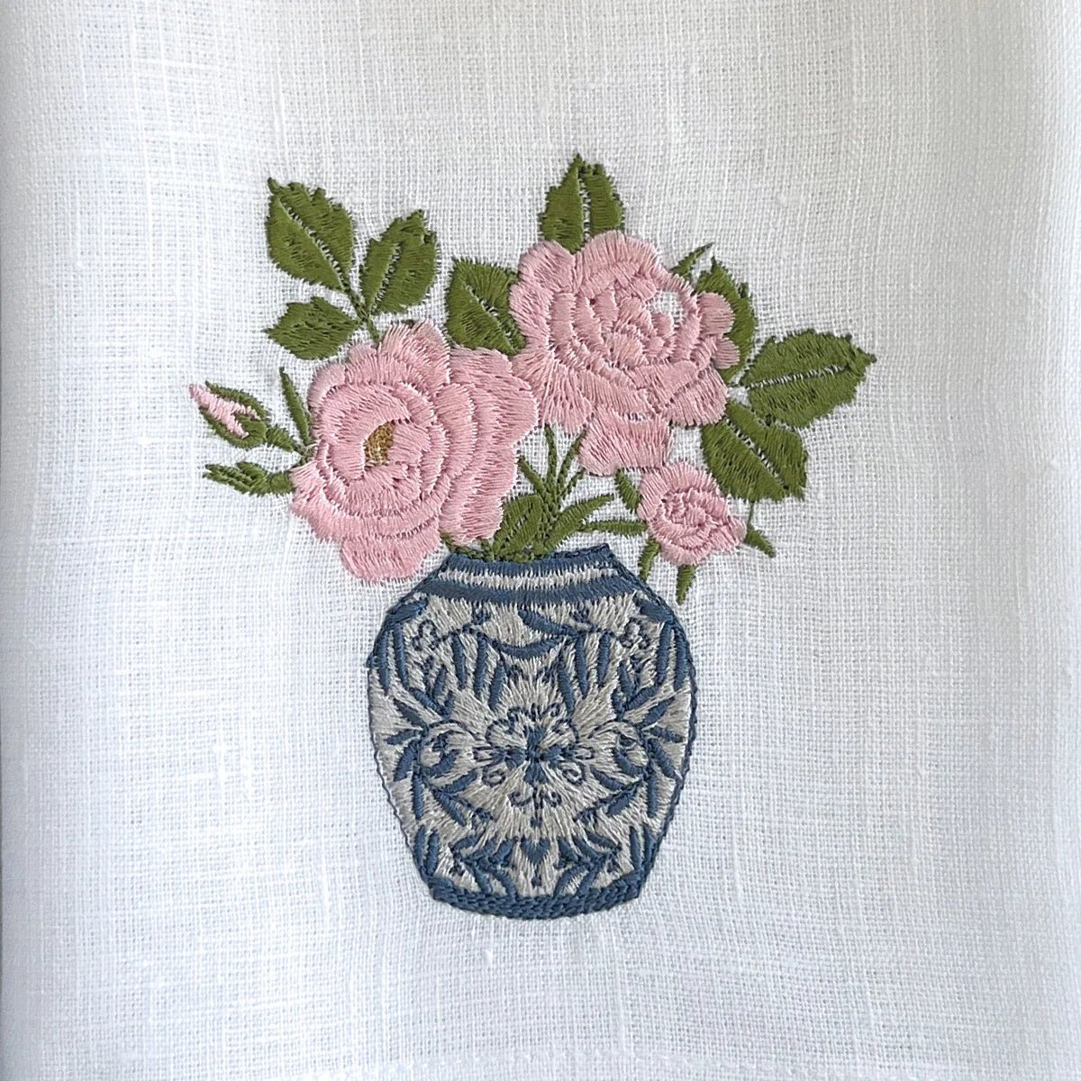 Chinoiserie Jar with Roses Linen Towel - Maison and Mer