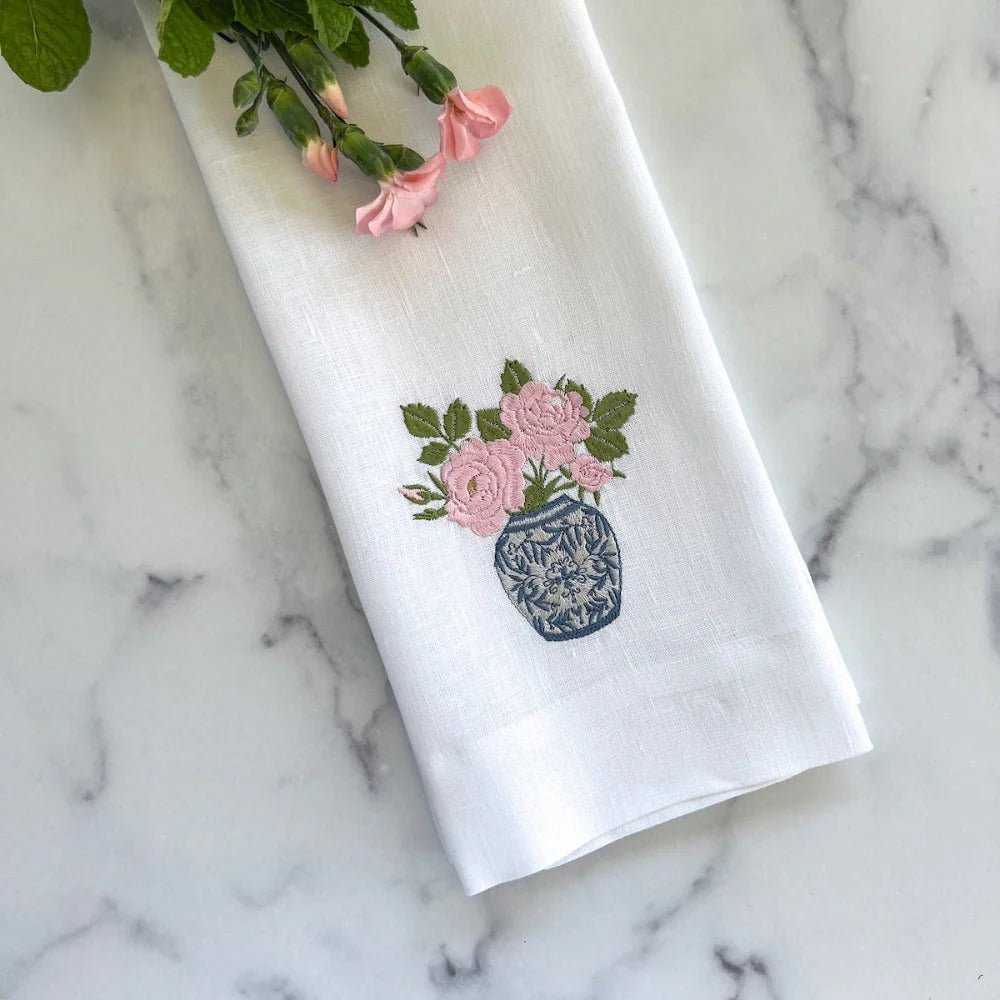 Chinoiserie Jar with Roses Linen Towel - Maison and Mer