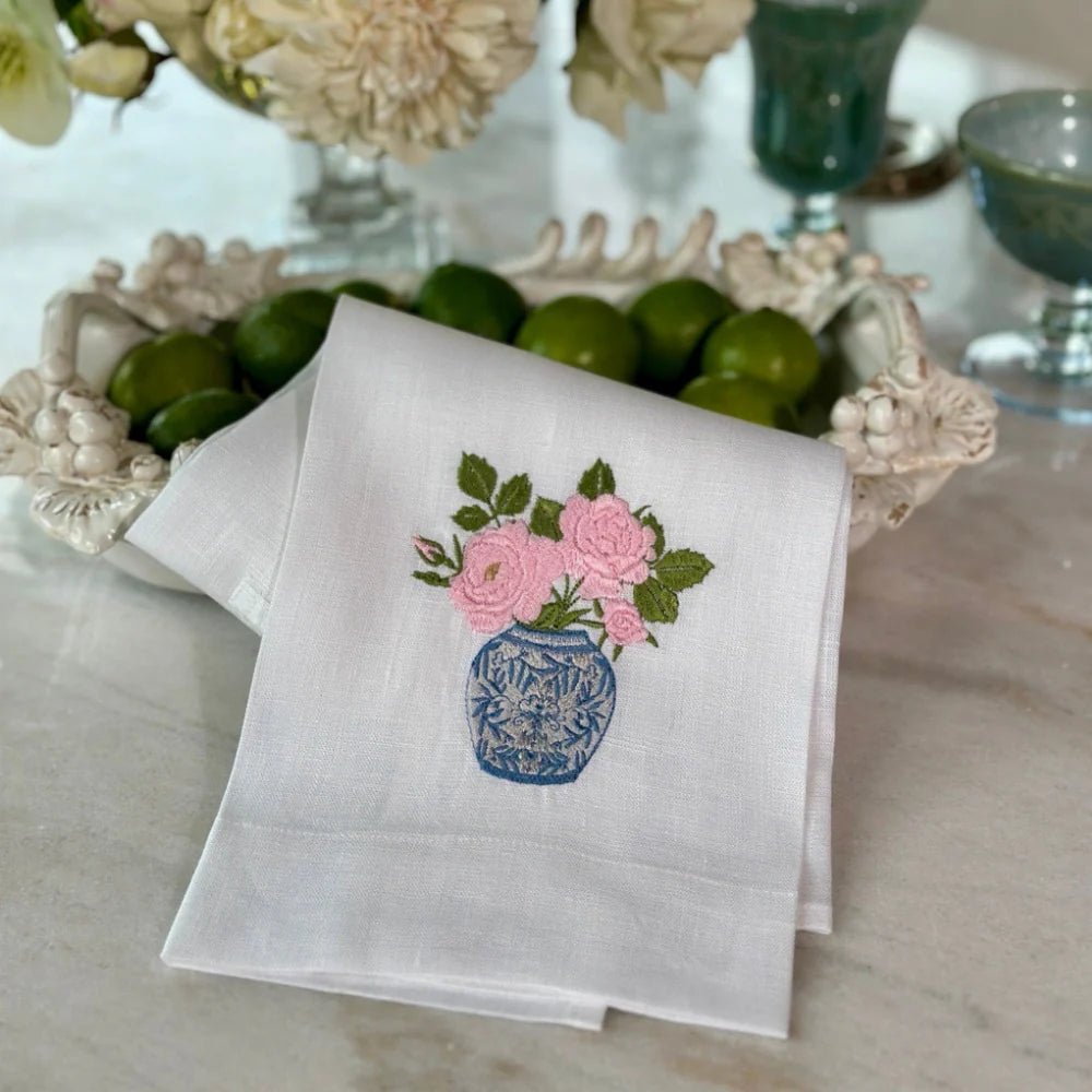 Chinoiserie Jar with Roses Linen Towel - Maison and Mer