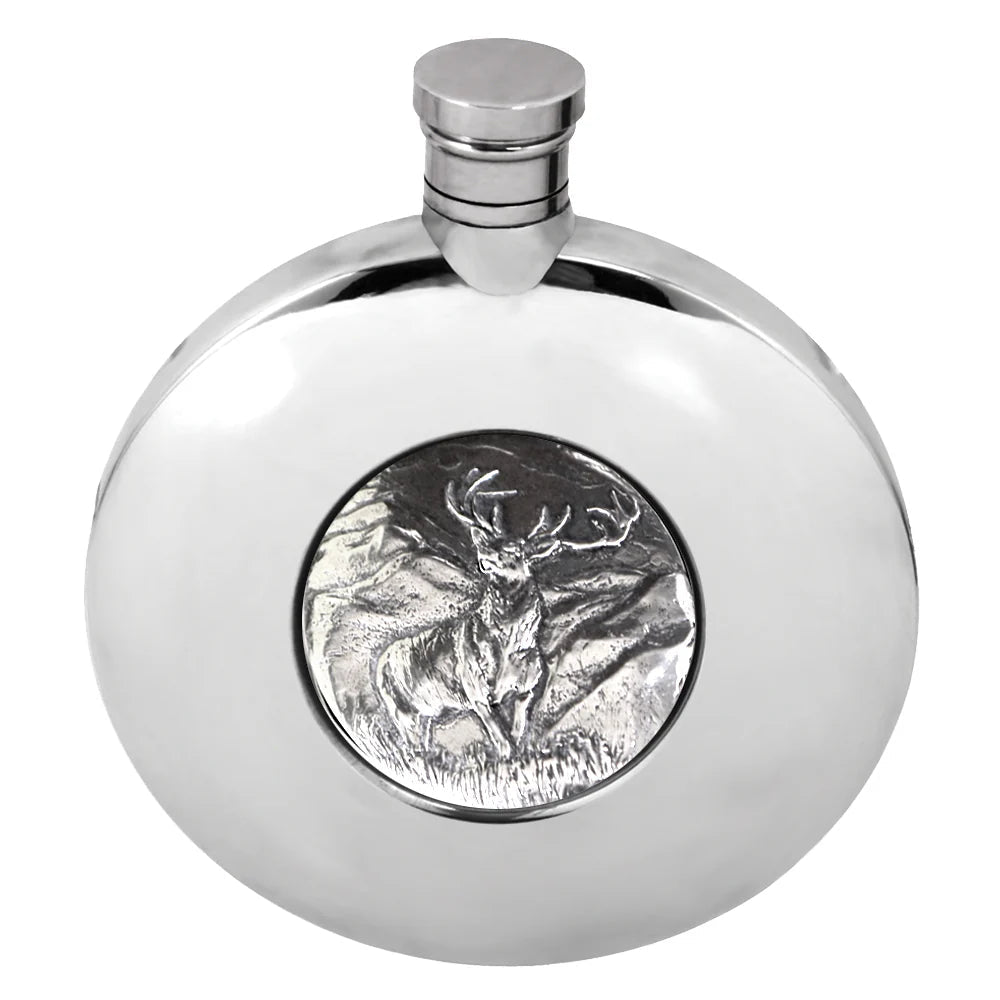 Ellipse Pewter Flask with Stag Badge - 5.5oz - Maison and Mer