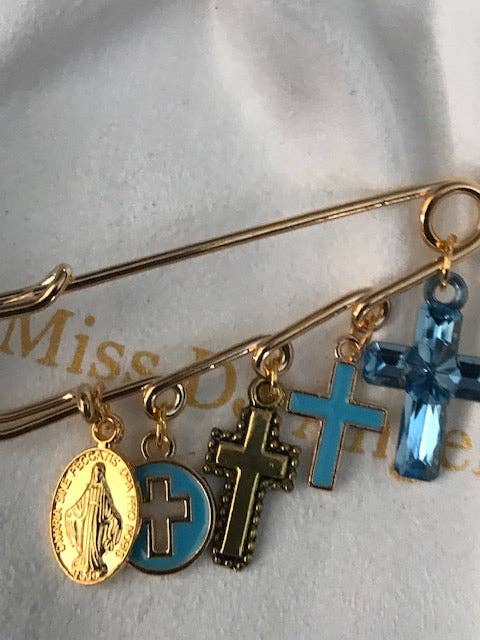 Ex - Voto Religious Brooch – Blue Cross and Medal Charms - Maison and Mer