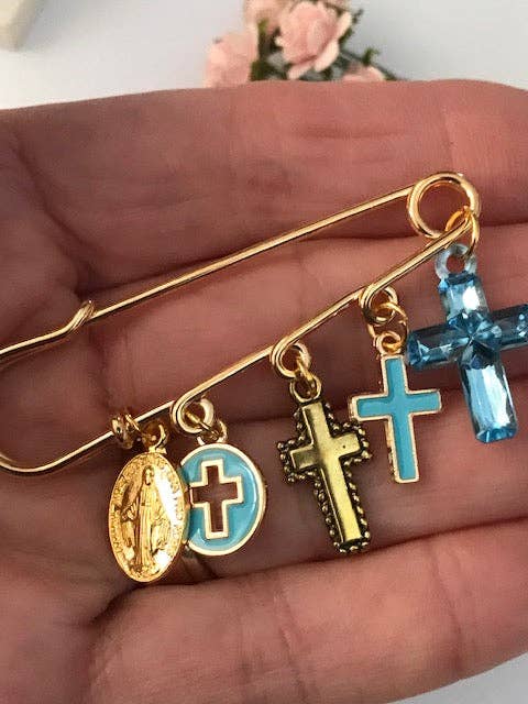 Ex - Voto Religious Brooch – Blue Cross and Medal Charms - Maison and Mer